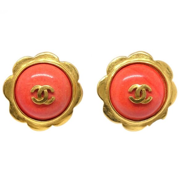 Chanel Button Earrings Clip-On Gold Pink 97P - Picture 2 of 8